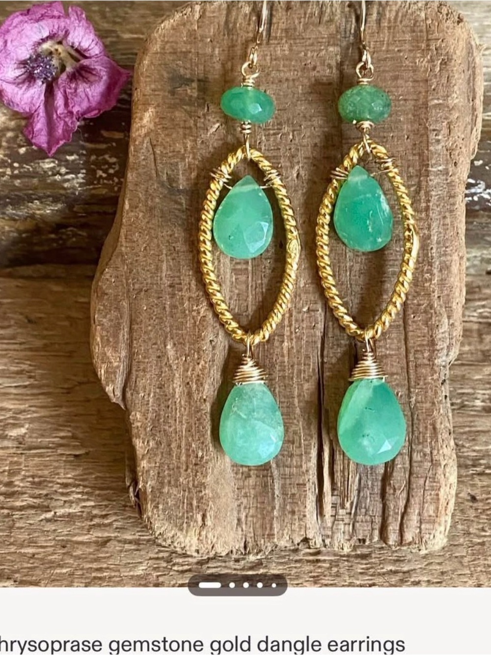 Gold Chrysoprase Teardrop Dangle Earrings - Green